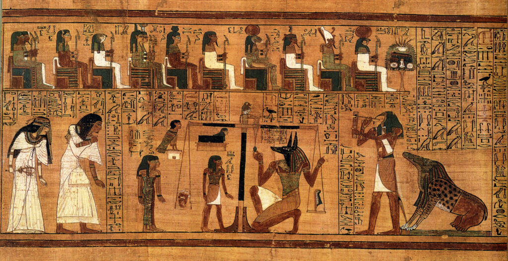 Ancient Egyptian artwork depicting the funereal ceremony of the weighing of the heart